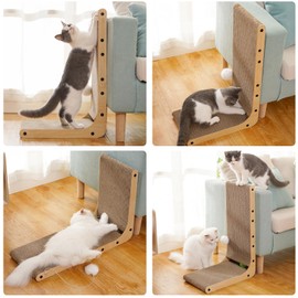 L-Shaped Cardboard Cat Scratcher 2-Pack 23.6 Inch Board with Ball Cat Toy, Wall-Mountable Furniture Protector Cat Scratchers for Indoor Cats, Couch & Wall (Light Brown, 2 PCS)