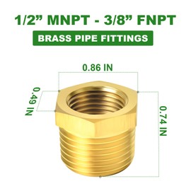 TAISHER 15PCS Brass Reducer Hex Bushing Threaded Pipe Fitting 1/2" NPT Male x 3/8" NPT Female Adapter