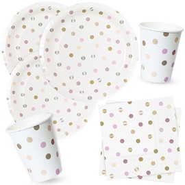 Pappteller Servietten Pappbecher Partygeschirr Set Punkt Bunt Tischdeko zum Geburtstag, Kindergeburtstag für 16 Gäste