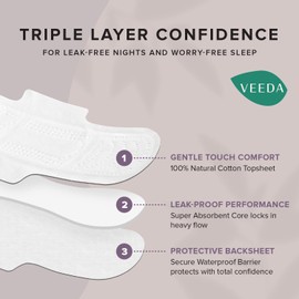 Veeda Natural Cotton Night Pads for Women - Overnight Heavy Flow Absorbent Ultra-Thin Feminine Pad - Hypoallergenic Period pads with Wings - Unscented & Chlorine free Sanitary Napkins - 12 Count