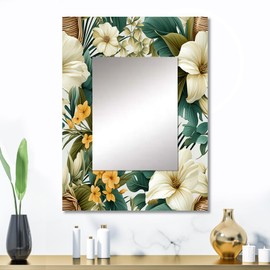 DesignQ Essence of Monochrome Floral Wall Mirror, Printed White Wall Mirror, Traditional Bathroom Wall Mirror, Decorative Floral Mirror - 24x32 Inches