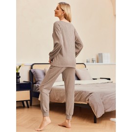 Ekouaer Pajamas for Women Set Ribbed Knit Loungewear Loose Long Sleeve Pjs Fall Winter Matching Lounge Set Khaki,S