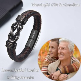 EYQV Grandson Gifts, Engraved Leather Bracelet Gifts for Grandson from Grandparents, Grandson Birthday Gifts Christmas Gifts Graduation Gifts for Him