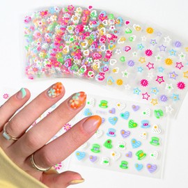24Pcs Flower Nail Art Stickers Decals 3D Self-Adhesive Colorful Floral Nail Stickers Rose Hibiscus Daisy Nail Decals Spring Summer Bow Heart Nail Design Supplies for Women Girls DIY Nail Decoration