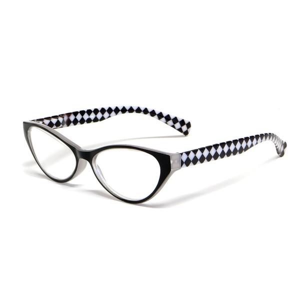 Calabria Emily Cateye Reading Glasses +2.25 Black White Checkers Women Stylish Fashion Eyeglasses Cat Eye Readers