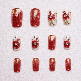 24Pcs Press on Nails Medium Square Fake Nails Red Full Cover Nails Press ons with Red Flower Leaf Rhinestones Designs Glitter Glue on Nails Glossy False Nails for Girls Manicure Style