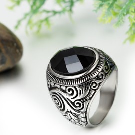 JewelryWe Mens Stainless Steel Ring: Classic Vintage Artificial Black Onyx Stone Rings Gothic Punk Biker Tiger Eye Signet Ring Bands for Valentines Day Fathers Day Anniversary