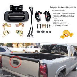 Tailgate Hardware Rebuild Kit Compatible with Chevy Silverado GMC Sierra 1500 2500 3500 1999-2006 Tailgate Handle Latch and Bezel Trim with Rod Clips 15228539, 15997911, 5921949