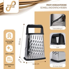 Faligee Stainless Steel Grater (23.5 x 14.8 x 8 cm) Professional Kitchen Grater – Square Grater Ideal as Vegetable Slicer and Cheese Grater – Includes Fruit Holder and Catcher Container