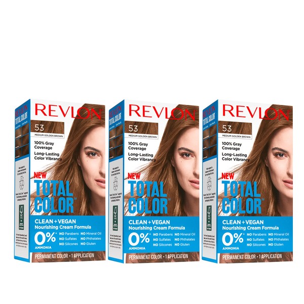 Revlon Permanent Hair Color, Permanent Hair Dye, Total Color with 100% Gray Coverage, Clean & Vegan, 53 Medium Golden Brown, 10.2 Oz (Pack of 3)