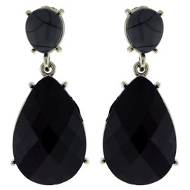 Silver-Tone Drop Dangle Angel Tear Shaped Earrings With Black Faceted Accents TME236