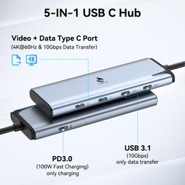 LION TEK USB C Hub Dual Monitor with 4K@60Hz DP Alt Mode, 4-Port USB-C 3.2 Gen2 Ports Hub, USBC Splitter with 10Gbps, 100W PD, Multiport Adapter Dongle for Laptop, Portable Monitor and Devices