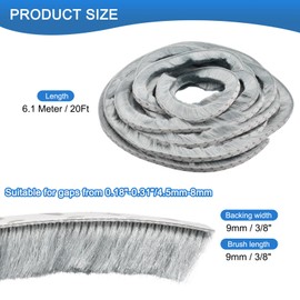 Awclub Brush Weather Stripping, 3/8" Backing x 3/8" Brush x 20ft Felt Pile Door Seal Strip for Sliding Door Window Wardrobe - Self-Adhesive Grey (Windproof Dustproof Soundproof)