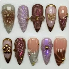 MAGLFELL Press On Nails -Purple, Handmade Medium Almond Fake Nails, Artistic Design, Thick Acrylic and Muti-Layer Gel False Nails, Reusable, Supremely Fit Natural Stick On Nails10 Fake Nails Kit