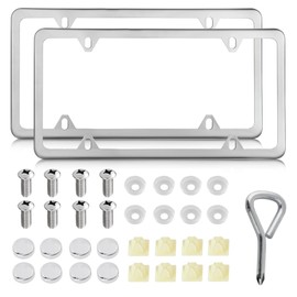 RED WOLF Stainless Steel License Plate Frame Holder 4 Holes Mirror Polish Silver Tag Cover Kit w/Chrome Screws Caps Nylon Insert Nut, Heavy Duty Rustproof Metal Front Rear Fit Car Truck Van SUV, 2PCS