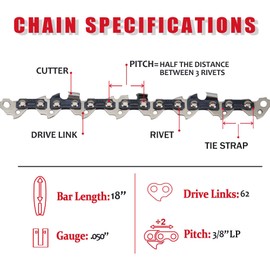 E & S 3 Pack 18 Inch Chainsaw Chain 3/8" LP Pitch .050" Gauge 62 Drive Links Semi-Chisel Chain Saw Chains for Husqvarna, Poulan, Craftsman, Greenworks and More Chainsaw Brands