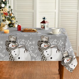 Horaldaily Christmas Tablecloth 60×140 Inch Rectangular, Snowman and Snow Grey Washable Table Cover for Party Picnic Dinner Decor
