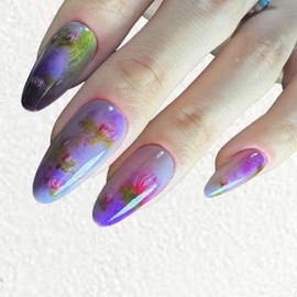 Redykat 24PCS Glossy Almond Press On Nails, Salon Quality Nail art, Floral Long Acrylic Fake Nails, False Nails, Home Quick Manicure……… (Lotus)