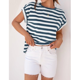 ZESICA Womens Summer Cap Sleeve Crewneck Tops Casual Loose Striped T-Shirts Basic Tees,Dustyblue,Medium