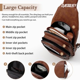 LEACOOLKEY Small Sling Bag for Women Leather Fanny Packs Crossbody Bags Trendy Women's Chest Bag for Traveling Anti-Theft Sling Purse