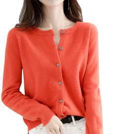 zuevi Women's Cardigan, Crew Neck, Sweater, Knit, Long Sleeve, Solid, Spring, Autumn and Winter, orange