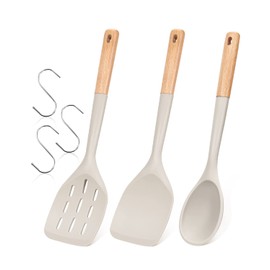 Pack of 3 Silicone Spatula, Non Stick Cooking Utensil Set Wooden Handle Kitchen Turner for Baking Mixing Grilling Serving Food Heat Resistant Non Scratch Hooks Included,Khaki