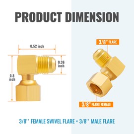 SUNGATOR 90° Elbow Flare Fitting, 3/8" Female Swivel x Male Flare Tube Fittings, 3/8'' Brass 90 Degree Swivel Propane Elbow Adapter for Low Pressure Gas Fired Heaters (2-Pack)