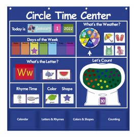 Auchq Circle Time Learning Center Pocket Chart, Heavy-Duty Kids Calendar for Classroom, Educational Pocket Chart Learning Calendar Weather Letter Counting Rhyme Color Shape (Blue)