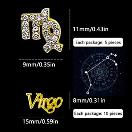 MOLILON 15pcs 3d Gold Virgo Nail Charms 5pcs Zodiac Signs and 10pcs Zodiac Letter Nail Studs Rhinestones Crystal Alloy Twelve Constellation Charms for DIY Crafts Jewelry Decoration Nail Supplies