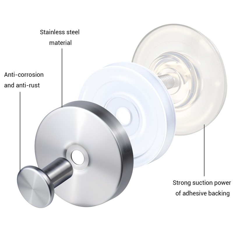 WellMade 2 Pack Brushed Stainless Steel Suction Cup Hooks for