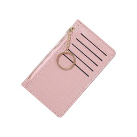 AfitLulu Credit Card Holder Wallet with 5 Card Slots and Keychain, Crocodile Patterned Credit Card Wallet Ladies Purse Ultrathin Leather Card Holder with Coin Pocket for Cards Coin Keys (Pink)