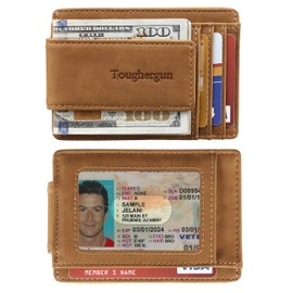 Toughergun Genuine Leather Magnetic Front Pocket Money Clip Wallet RFID Blocking(Khaki)
