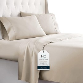 HC COLLECTION Bed Sheets Set Queen with 2 Pillowcases, Hotel Luxury Platinum 1800 Series Brushed Microfiber Deep Pocket Fitted Sheet, Fade Resistant Ultra Soft 4 Pcs Bedding for Hot Sleepers, Cream