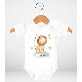 SpecialMe® Baby Bodysuit with Name Print Animal Motifs Rhino Lion Elephant Watercolour Short Sleeve Organic Cotton, Safari Lion White
