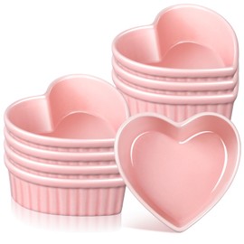 Reallnaive 8 Pcs Heart Shaped Ramekin Creme Brulee Ramekins Oven Safe 3.54 x 3.54 x 1.57 Inch Heart Shaped Bowl Small Baking Ceramic Ramekins Dishes for Souffle Snacks Quiche Appetizers Sauces(Pink)