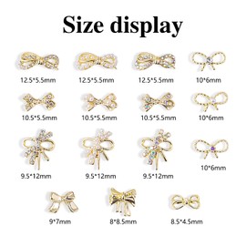 XEAOHESY 30 Pieces Gold Alloy Bow Charms for Nails Bow Nail Charms Bowknot Nail Studs Inlaid Pearl Clear or Iridescent Rhinestone for Women Girls Nail Art（15 Styles）