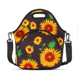 Violet Mist Neoprene Lunch Bags with Shoulder Strap Lunch Totes for Women Insulated Lunch Handbag Thermal Lunch Box Reusable Gourmet Bento Bag Pocket Zipper for Work Picnic Travel Shopping, Sunflower