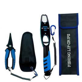 ReelFin Fish Lip Gripper with Scale and Fishing Pliers Set Kit Hook Removal Line Cutting Mono Braid Fish Grip Multi-Functional Non-Slip Handles for Outdoors Fishing Camping Hunting (Blue)