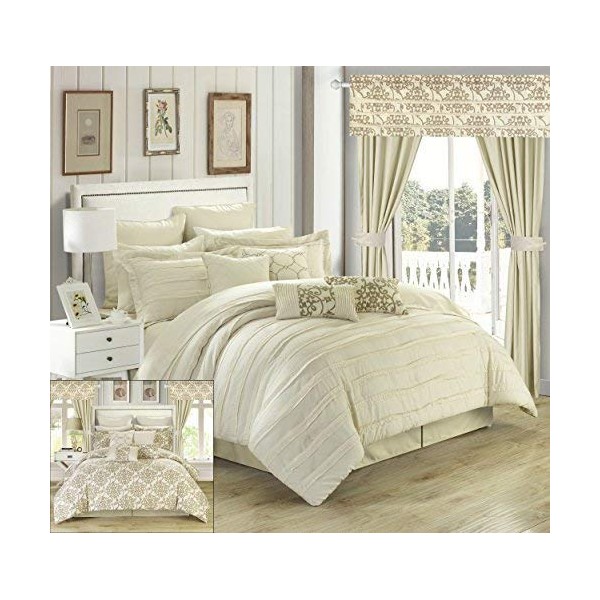 Chic Home Hailee 24 Piece Comforter Complete Bed in a Bag Sheet Set and Window Treatment, Queen, Beige,CS1965-AN