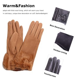 LassZone Women Winter Warm Gloves Soft Suede Gloves with Bow Ladies Fleece Lined Mittens Touch Screen Windproof Thermal Gloves for Running Driving Cycling Skiing