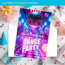 XIAOPNN Neon Disco Birthday Party Invitation for Girls, Kids Dance Birthday Party Supplies, Let's Strike Up, 30 Cards With 30 Envelopes