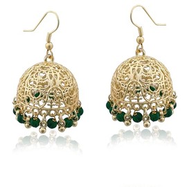 Moonstruck Traditional Indian Golden Jhumka Earrings for Women/Golden Ethnic Jhumki Earrings With Emerald Green Beads (Green)