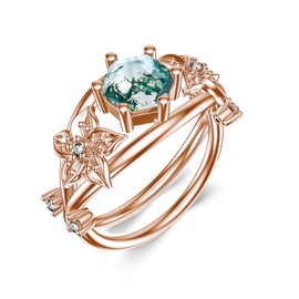 Plesitep 1Ct Natural Moss Agate Ring 18K Gold Plated Sterling Silver Hexagon-Cut Moss Agate Ring Green Moss Agate Engagement Rings Wedding Anniversary Day for Women, 10, Sterling Silver, Agate