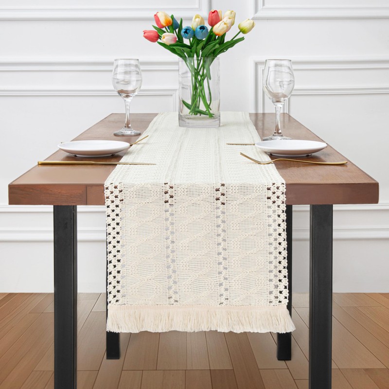 SITUMEIZI Beige Macrame Table Runner Boho with Tassels Cream Farmhouse