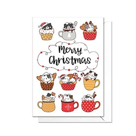 Cute Christmas Greeting Card with Envelope – Kawaii Cat Kitten Penguin X-mas Cards - Kitty Cupcakes