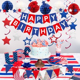 Blue White and Red Birthday Party Decorations - Happy Birthday Banner & Honeycomb Ball, Star Hanging Swirls, Star Garland, Triangle Flags Bunting, Birthday Decorations for 4th of July Baseball