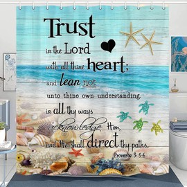 Ocean Beach Theme Shower Curtain for Bathroom, Bible Verse Inspirational Seashell Starfish Shower Curtains, Summer Tropical Sea Turtle Nautical Coastal Fabric Bath Curtain Decor with Hooks, 70X72IN