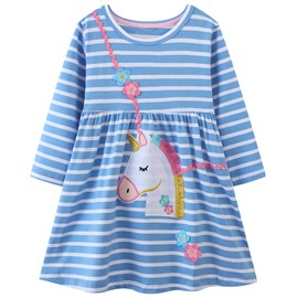 Hongshilian Girls Cartoon Dress Applique Party Dresses Casual Jersey Cotton Long-Sleeved(5T,Blue&Unicorn)