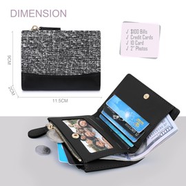 Womens Tri-Folded Wallet Aesthetic Fashion Purse Zipper Pocket Cash Card Slot Holder ID Window for Ladies and Women Black