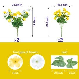 4 Pcs Artificial Petunia Flowers for Outdoors, UV Resistant Fake Flowers Morning Glory, Realistic Artificial Plants for Garden Porch Window Box Balcony Patio Yard Planter Decor (Yellow White)